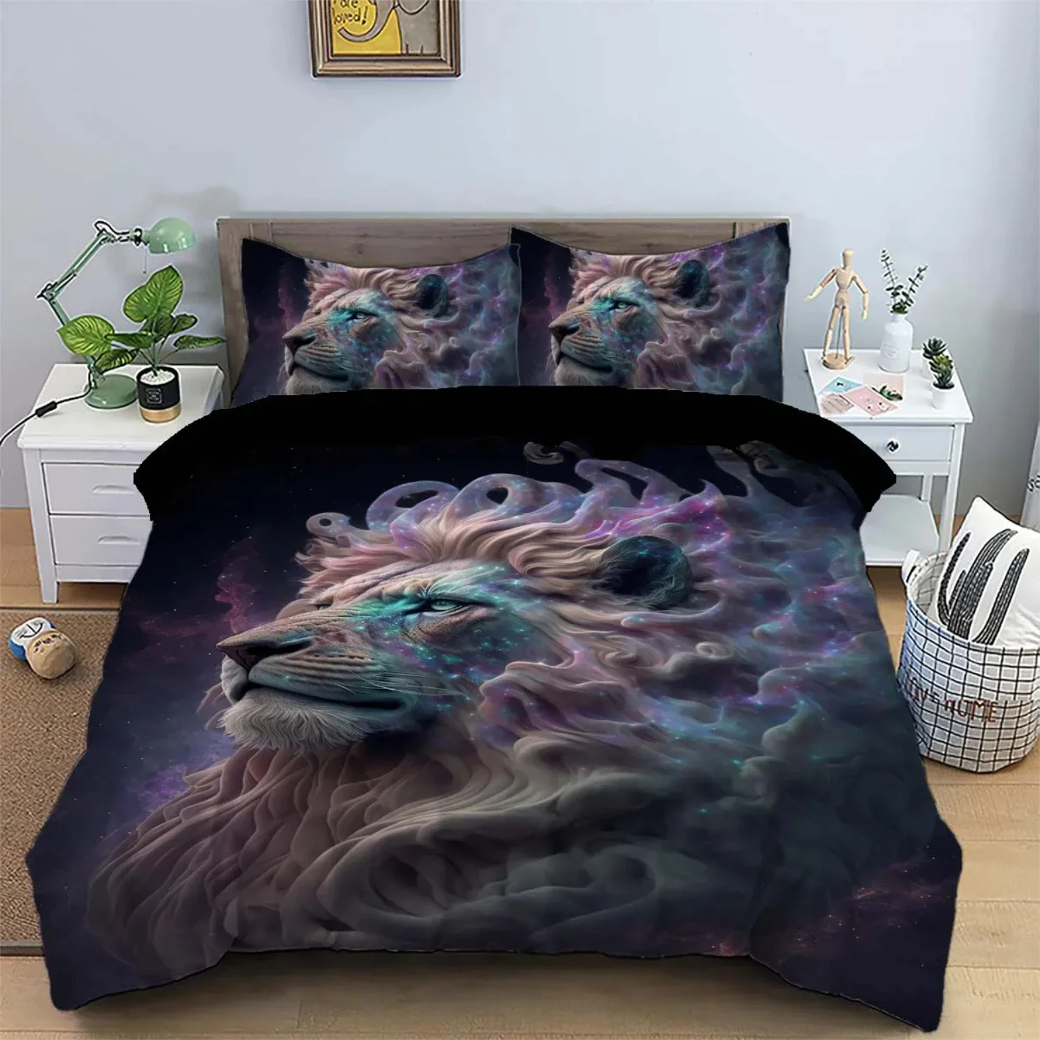 Comfortable and warm 90gsm matte polyester lion king animal print 3-piece bedding set - includes 1 duvet cover and 2 pillowcases