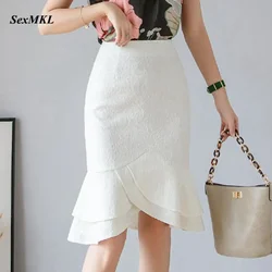 SEXMKL Oversized White Lace Skirt Women 2024 Summer High Waist Black Skirts Sexy Office Lady Ruffles Pencil Skirt Jupe Femme