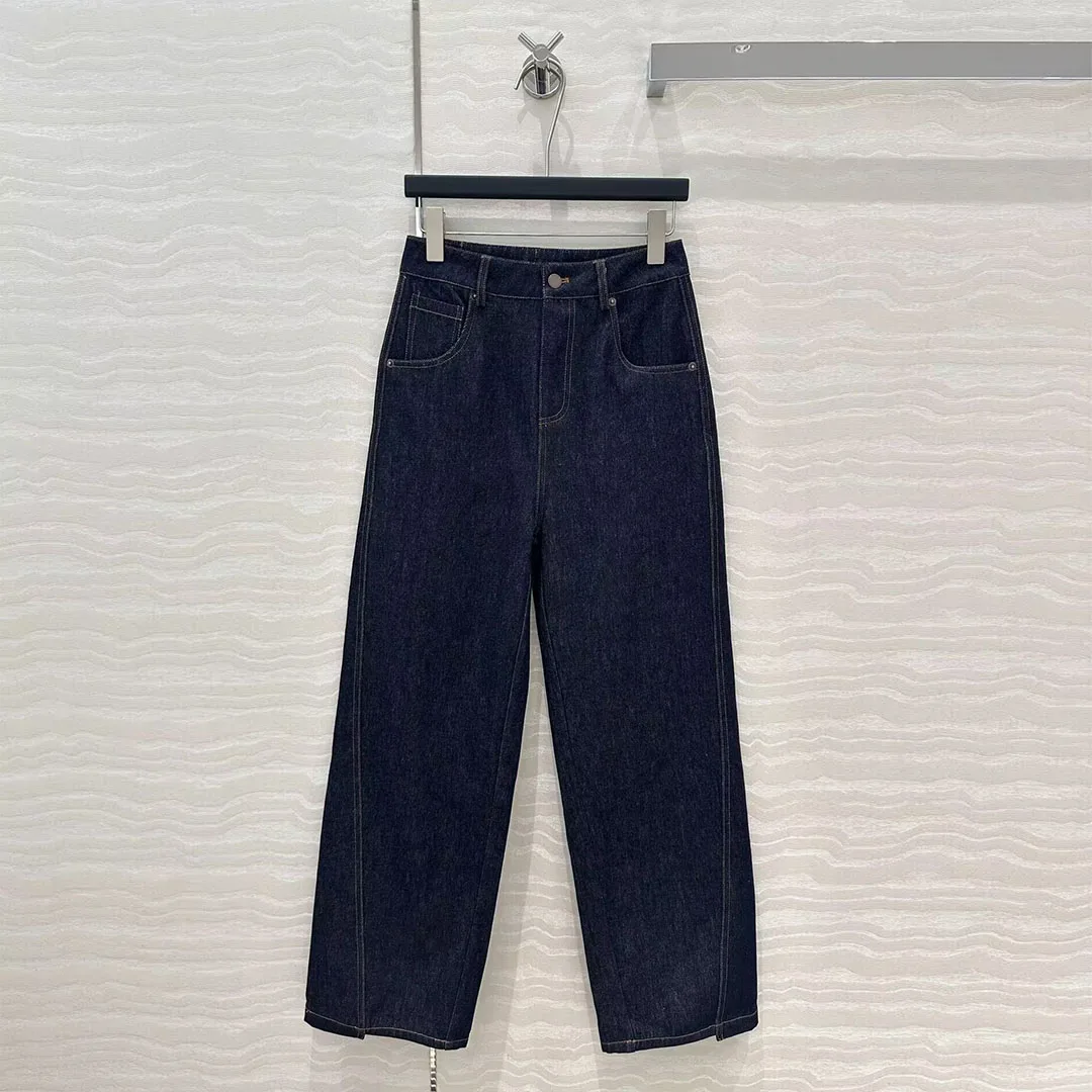 Fashion Design Navy Blue Loose Wide Leg Jeans Women High Waist Zipper Pockets All-matched Vintage Denim Pants