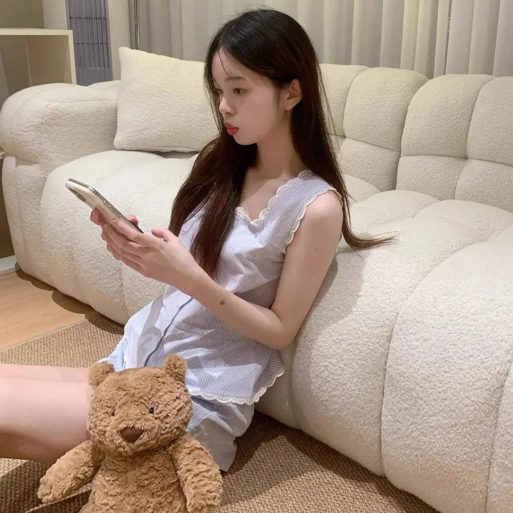 

Fashion Lace Striped Pajamas Blue Suit Summer Sleepwear Single Breasted Sleeping Home Suit Girls