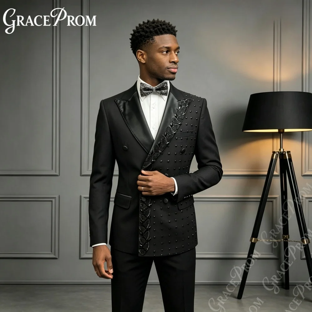 Exquisite Black Beaded Men Suits 2027 2PCS Wedding Groom Sets Man Peak Suit Set Banquet Prom Party Wear Double Breasted Crystal