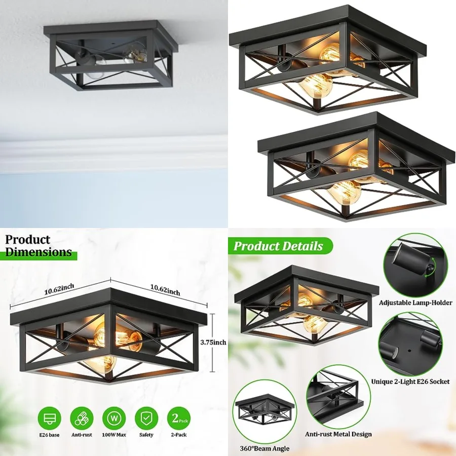 2-Light Industrial Square Flush Mount Ceiling Light, Farmhouse Ceiling Light Fixture for Kitchen, Modern Close to Ceiling Light