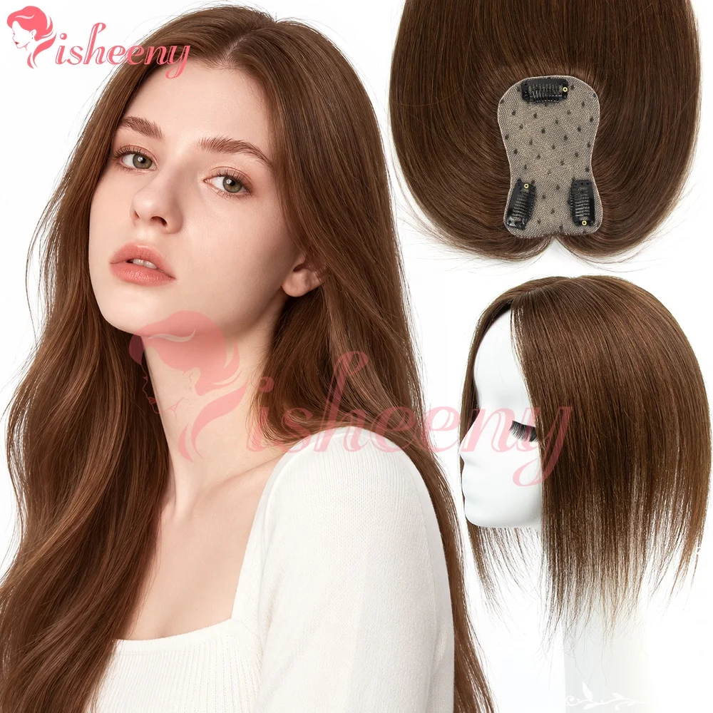Isheeny 10 Inch Real Human Hair Topper Clip In Top Hair Piece 7×11cm Base, Middle Part Hair Toupee Conceal Wide Parting Add Hair Volume for Ladies