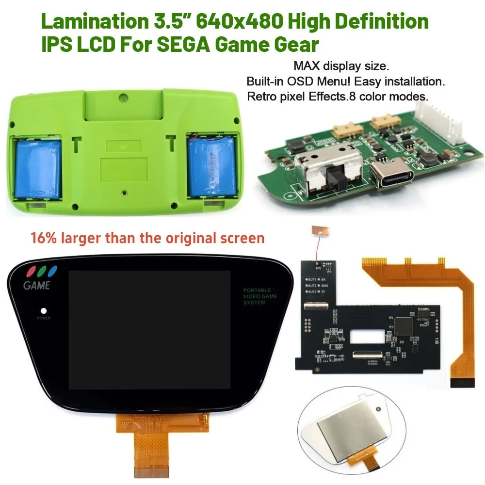 

Ламинированный 3,5-дюймовый ретро-дисплей с пиксельным разрешением HD 640x480, IPS-экран с подсветкой, комплект с перезаряжаемой литиевой батареей и предварительно вырезанным корпусом для SEGA GG