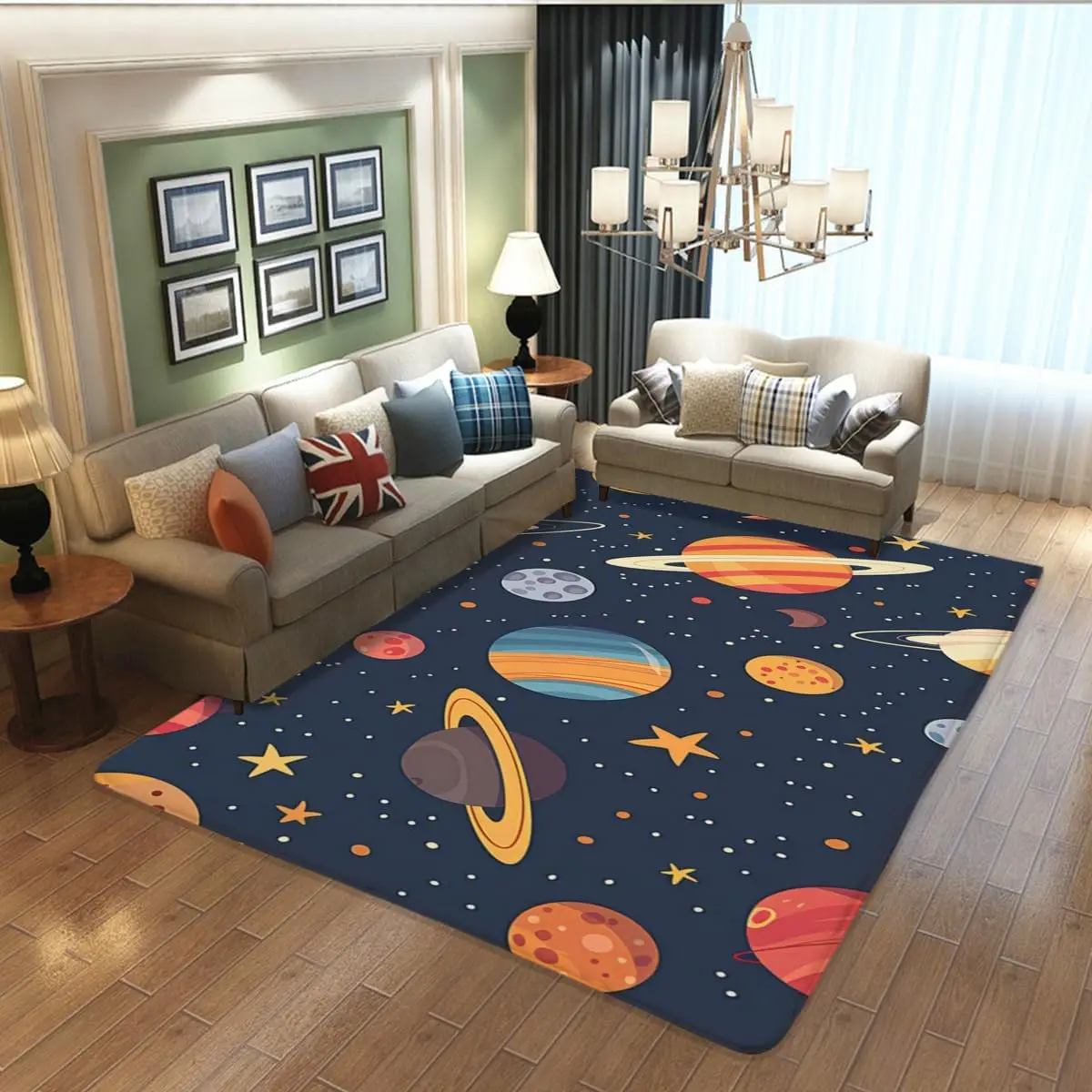 Outer Space Children's Carpet, Planetary Starry Sky Theme Carpet Children's Learning Carpet Blue Mysterious Starry Sky Carpet