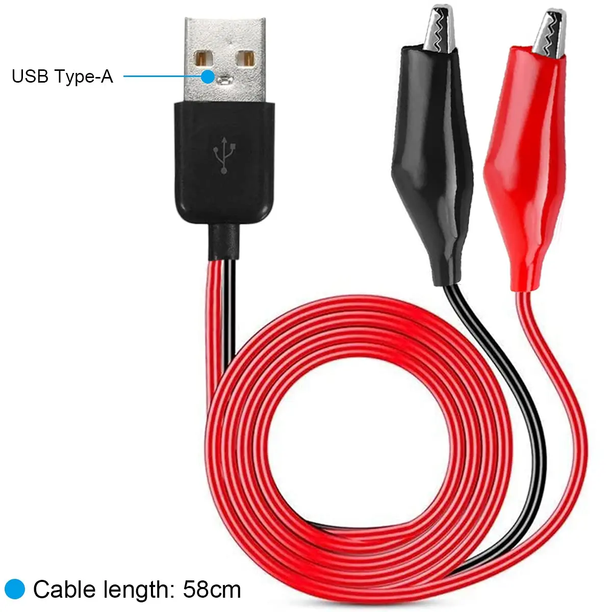 Alligator Clip to USB, Crocodile Clamps to USB Type-A Male Connector Cable Copper Test Leads for Testing Circuit Power Supply