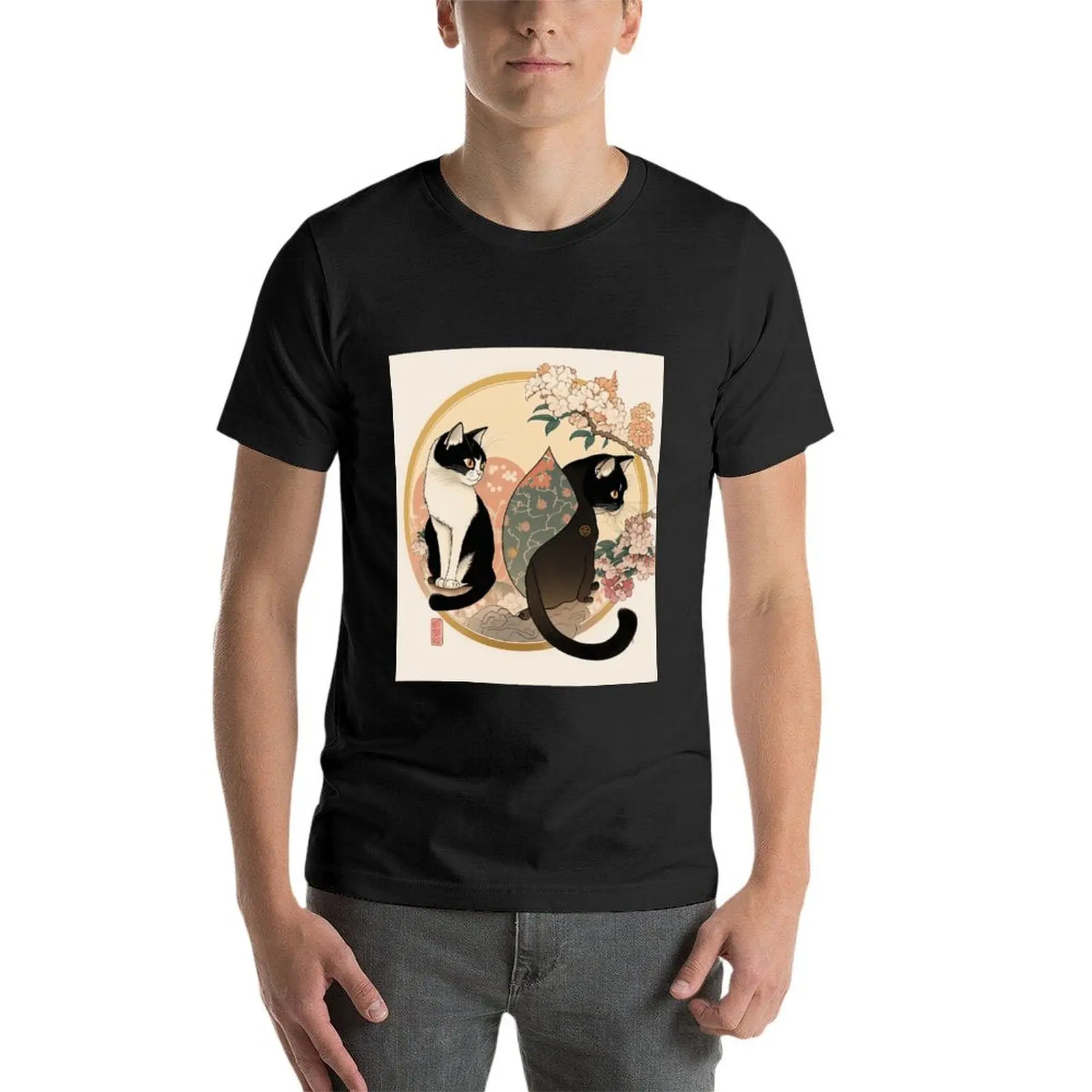 Camiseta de ukiyo-e Cats para niño, camisetas negras en blanco, top de verano