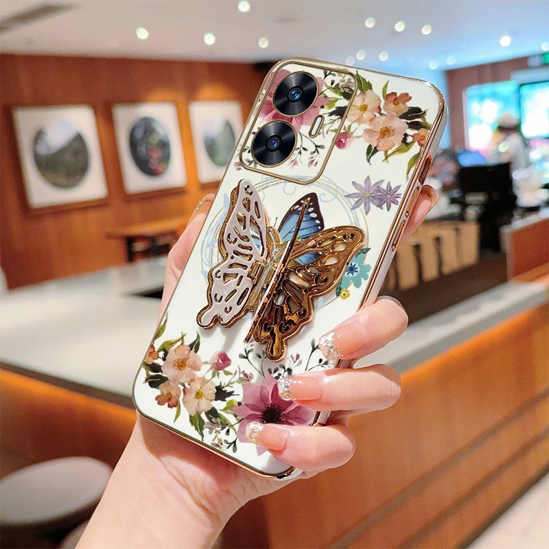 C 55 Flower Butterfly Plating Holder Phone Case For OPPO Realme C35 C53 C63 C33 C55 C67 C25Y 10Pro 12 12Pro 11Pro 10 10T Cover