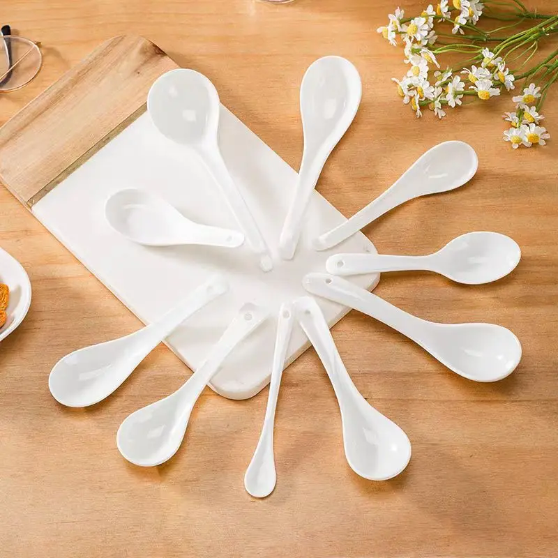 مصنع تانغشان بالجملة ملعقة سيراميك منزلية بيضاء نقية مقبض طويل ملعقة شوربة القهوة الحلوى العظام الصين ملعقة صغيرة #3