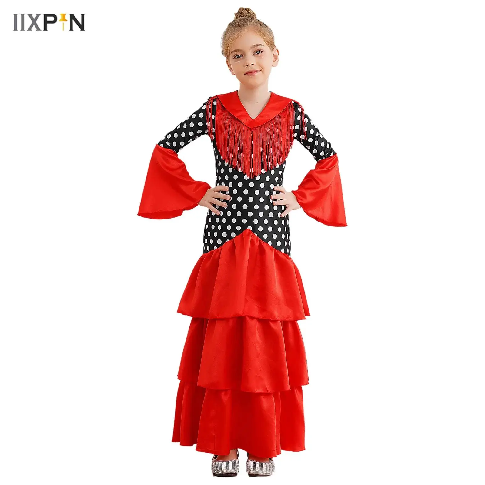

Kids Girls Flamenco Dance Dress V Neck Flared Sleeve Tiered Ruffle Dress Polka Dots Print Dress Ballroom Performance Dancewear