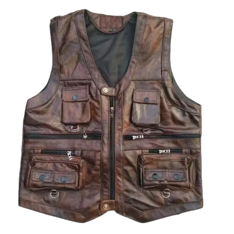 

gentlement leather vest male slim commercial male leather vest sheepskin leather men vest waistcoat with many pockets