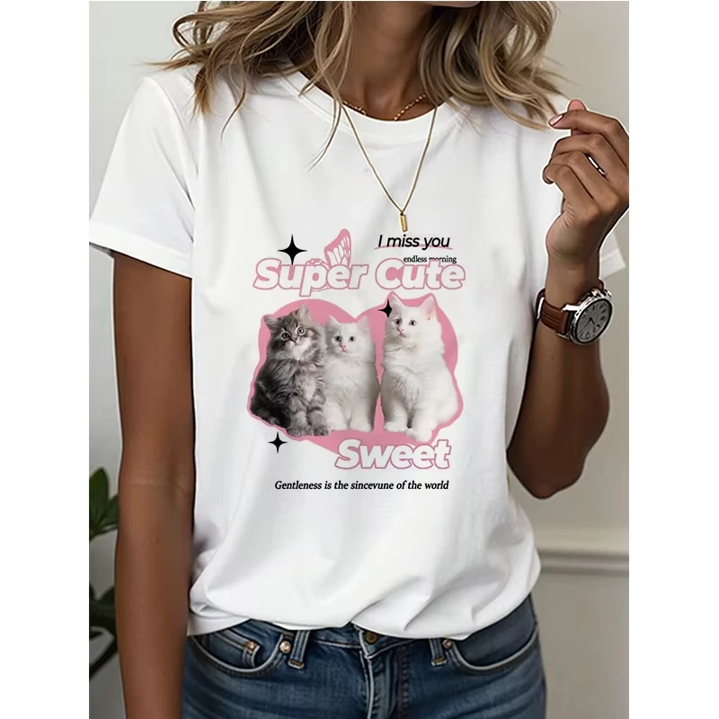 عادية كم قصير Y2k تي شيرت بلايز الربيع الصيف المرأة تي شيرت العشاء لطيف الحلو القط طباعة طاقم الرقبة تي شيرت ملابس الشارع الشهير #1