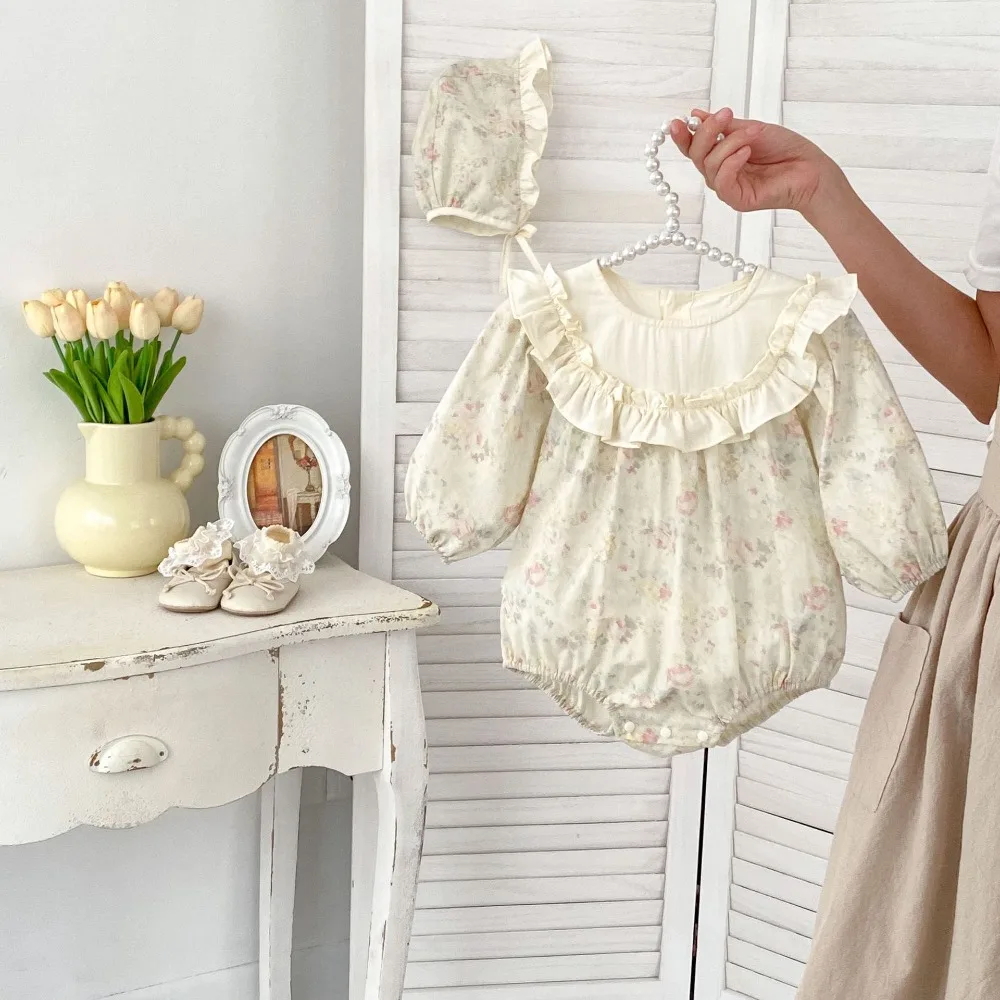 

Cute Baby Girl Flower Romper 0-2Years Newborn Princess Long Sleeve Cotton Bodysuit Hat 2PCS Outfits Spring Autumn Cothes