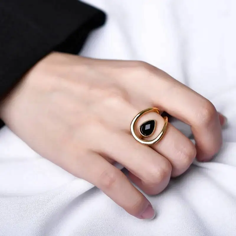 925 Silver Gold Plated Onyx Black Agate Resizable Rings For Women Simple Geometric Hollow Curve Minimalist Open Ring Party Gift