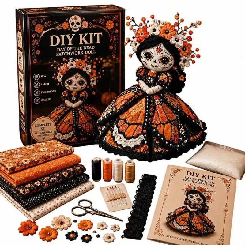 Day Of The Dead Skull Face Doll Making Set Hand Sew Patchwork Craft DIY Kit Collectible Gift For Hobby Lovers