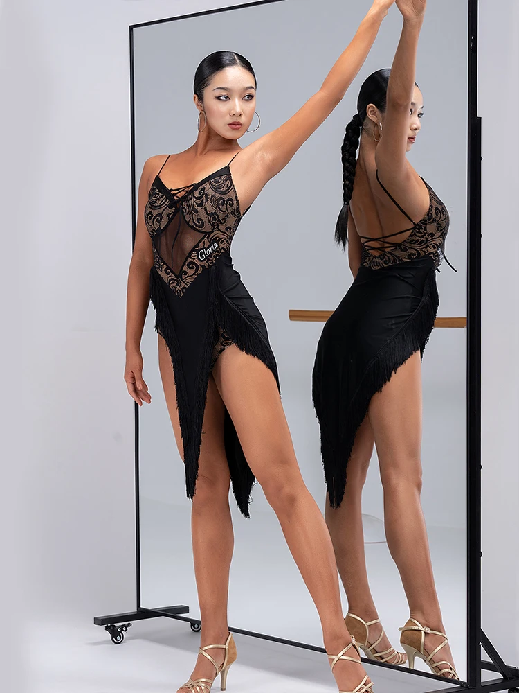 

New Latin Dance Adult Strap Lace Dress Training Performance Costume Dresses