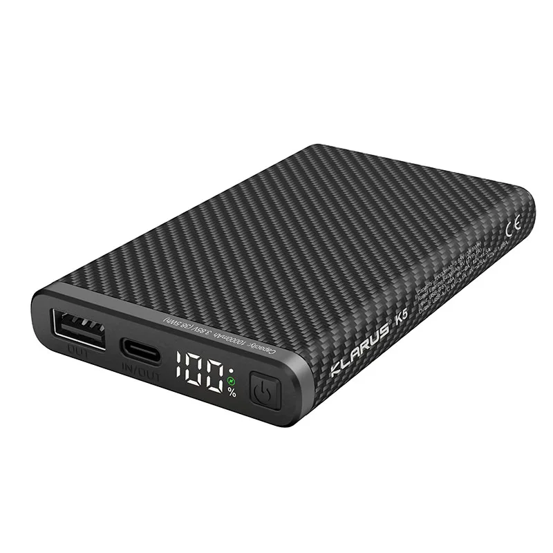 KLARUS-Powerbank de Fibra de Carbono à Prova D\'Água, Leve, Carregamento Rápido, Tipo-C, Tipo-A, Capacidade 10000mAh, IP68, 22.5W, K5