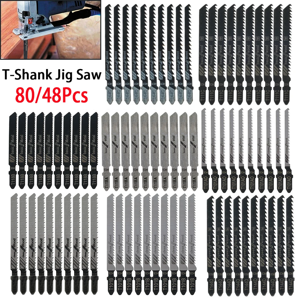 80/48Pcs Jig Saw Blades Cutting Tools T-Shank Jig Saw Blade Wood Metal Saw Blades Woodworking Tool Cutting Jig Saw Power Tools