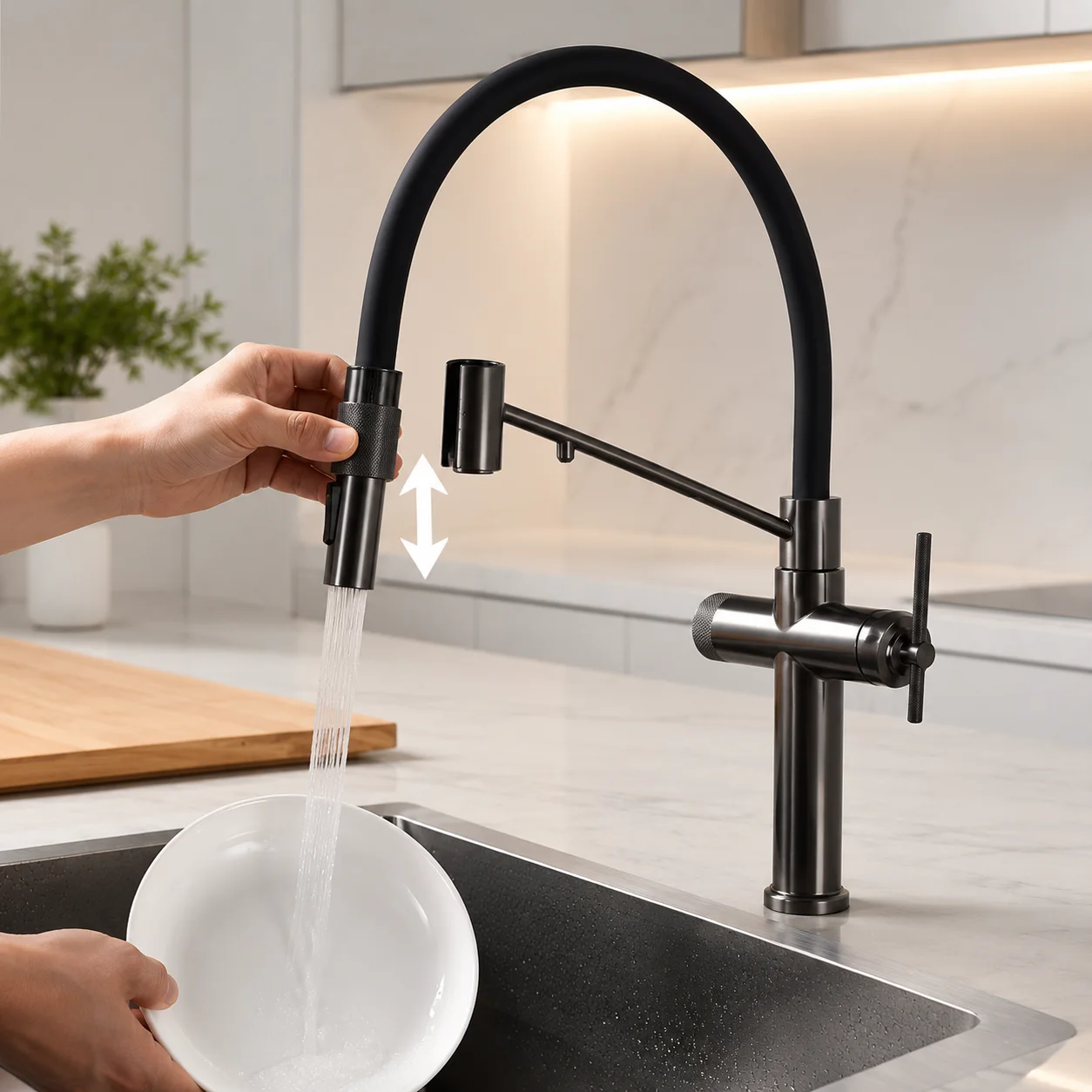 modern, 3-in-1, brass, kitchen faucet, pull out sprayer, separate filter water tap, hot cold, gun grey, chrome, single