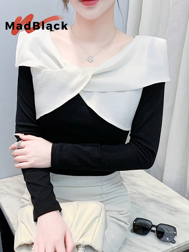 

MadBlack-Women European T-Shirt, Sexy O Neck Bow Patchwork, Streetwear Long Sleeve Slim M-3XL Knit Tee, 2025 Autumn New T59645CC