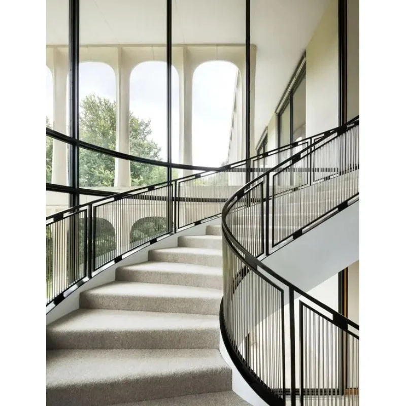 custom.New Design Artistic Curved Indoor Staircase with Tempered Glass/Wrought Iron/Railing Marble Wood Tread Stair