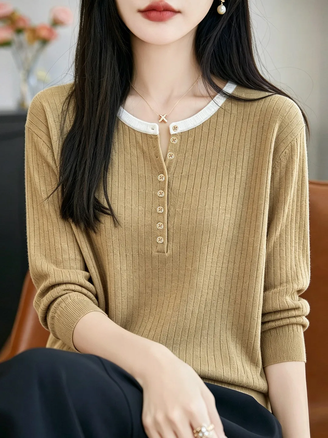 Autumn Winter New Style Color Block round Neck Button Knitted Sweater Women Fashion Commute Versatile Slimming Base Shirt Ele...