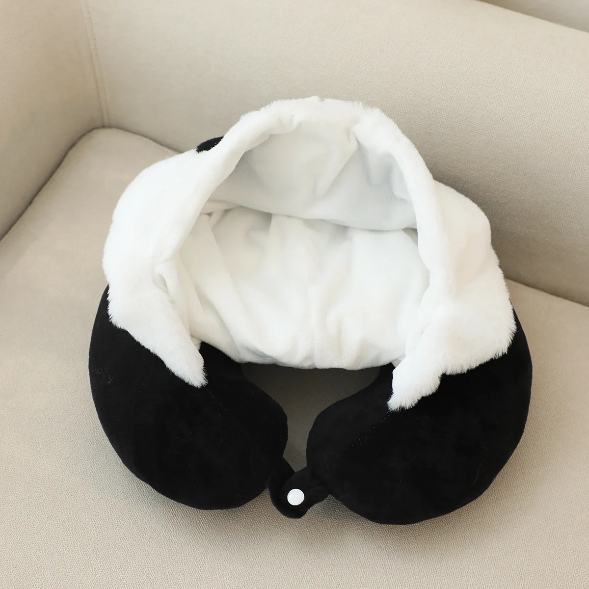 China Panda Black White U Shape Neck Pillow for Airplane Hooded Travel Pillow Plush Warm Cushion Support Head Rest Car Office