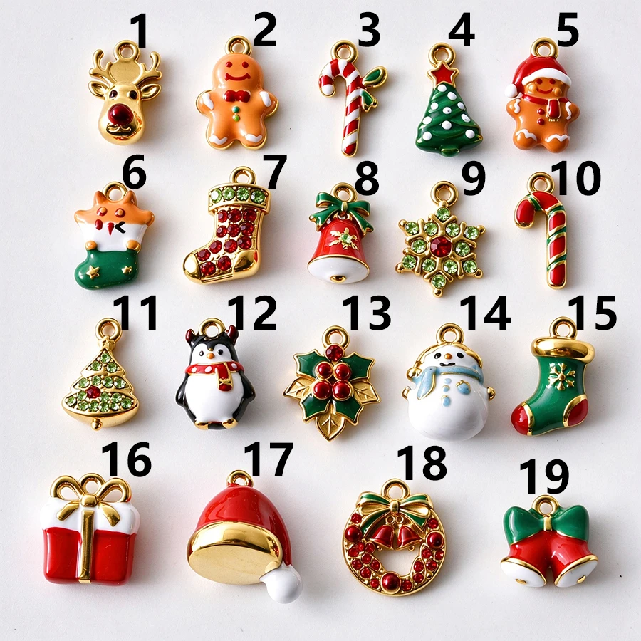 1pcs 18k Real Gold Plated PVD 316 Stainless Steel Christmas Charm For Jewelry Making Cute Rhinestone Pendant Handcraft Drip Oil