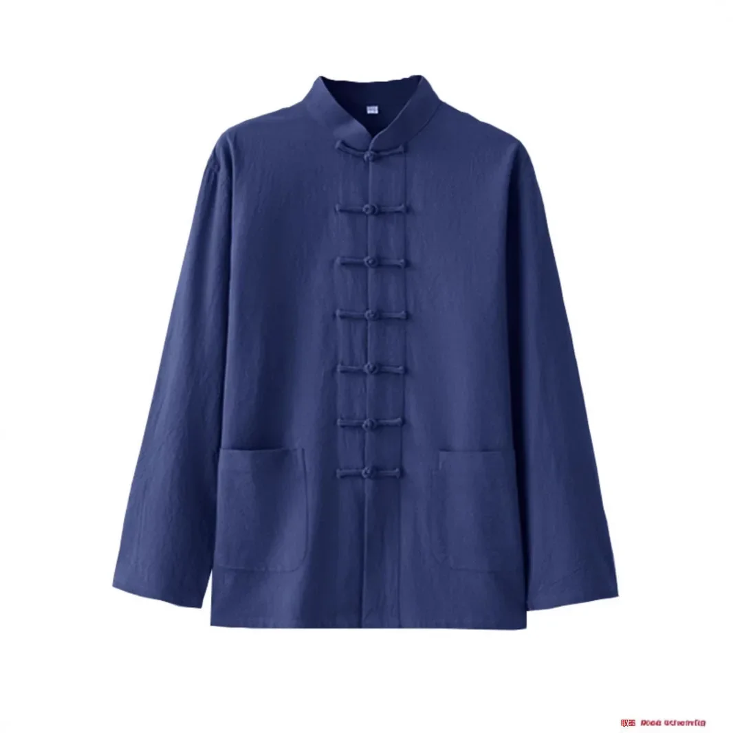 قميص رجالي فضفاض بأكمام طويلة على الطراز الصيني بأزرار حتى ملابس هانفو التقليدية غير الرسمية ملابس ربيعية عصرية للرجال المسنين #5