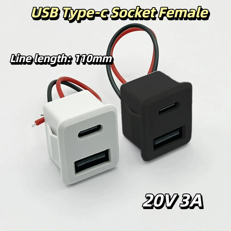 Double Layer USB Type-C Female Socket - 2P Power Socket with Cable Connector | For USB Lamp Charging