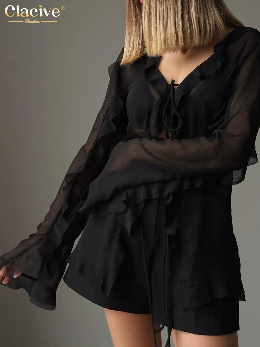 Clacive Fashion Loose Black Women's Shirt 2025 Sexy V-Neck Long Sleeve Shirts Elegant Classic Ruffle Lace-Up Top Female Clothing