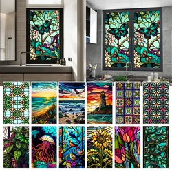 Colorful Retro Flower Bird Window Film PVC Electrostatic Glass Stickers Stained Window Films Static Cling Frosted Glass Film