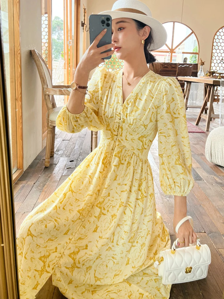 GypsyLady Floral Printed Summer Midi Dress Yellow Chiffon V-neck Boho Elegant Women Summer Holiday Casual Ladies Dress Vestidos