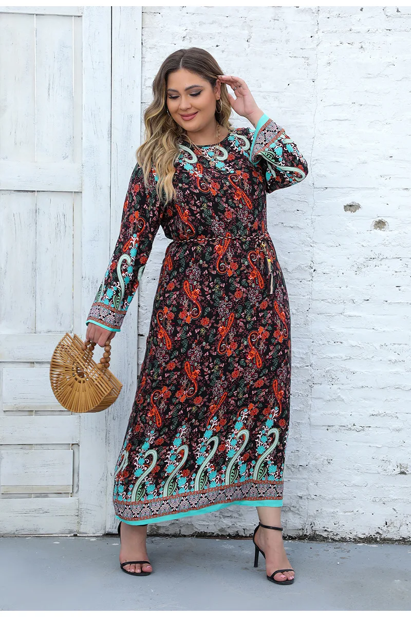 Vintage Plus Size Dresses Ethnic Style Women O-Neck Printed Long Dress Spring Summer Fashion Casual Lady Elegant Dress