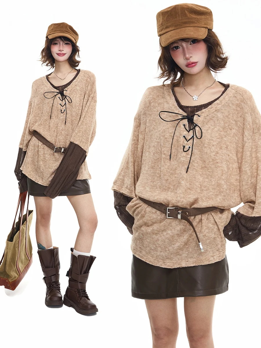 

Женская свободная футболка Sanowers в американском ретро-стиле с длинным рукавом, дышащий комфортный пуловер с круглым вырезом