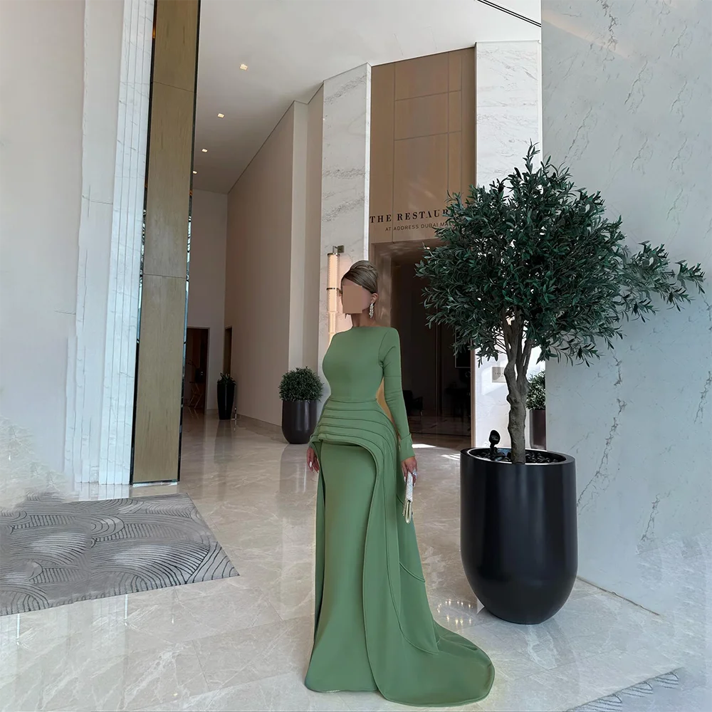 

Green Evening Dress Customized O-Neck Long Sleeves Mermaid Evening Gowns Long Pleated Trumpet Formal Dresses 2025