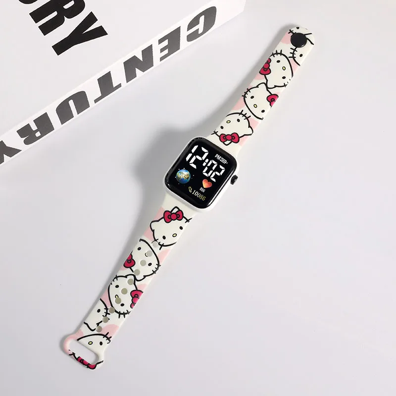 Fashion Hello Kitty Cartoon Printed Button LED Electric Watch Girls Teenager Personality Stitch Printed Square Children Watch 