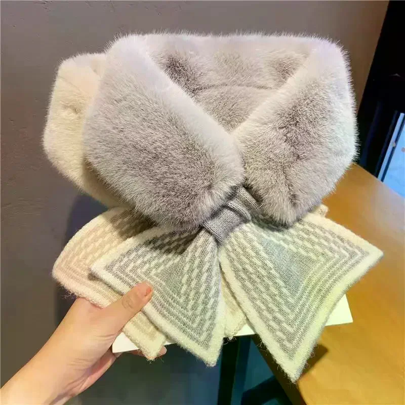 Winter Warm Solid Color Winter Neck Warmer Thicken Faux Rabbit Fur Plush Scarf Neck Warmer Cross Collar Scarf Cold Weather