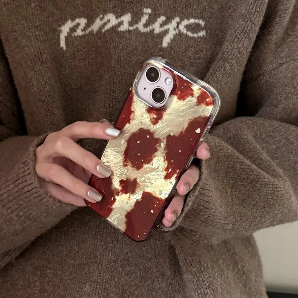 White splashed ink, red brown and yellow brown color block phone case with Plush ball chain for iPhone 11 12 13 14 15 16 pro max
