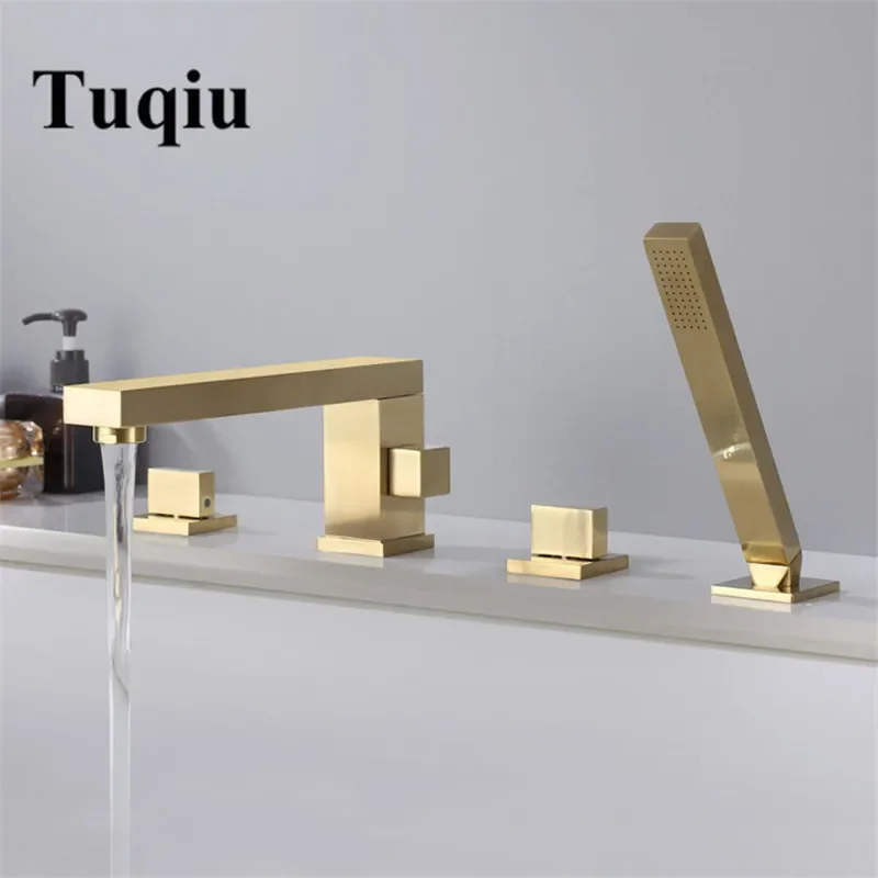 Brushed Gold Bathtub Faucet Widespread Tub Sink Mixer Tap black Brass Bathroom Bath Shower Faucet with Hand shower Head