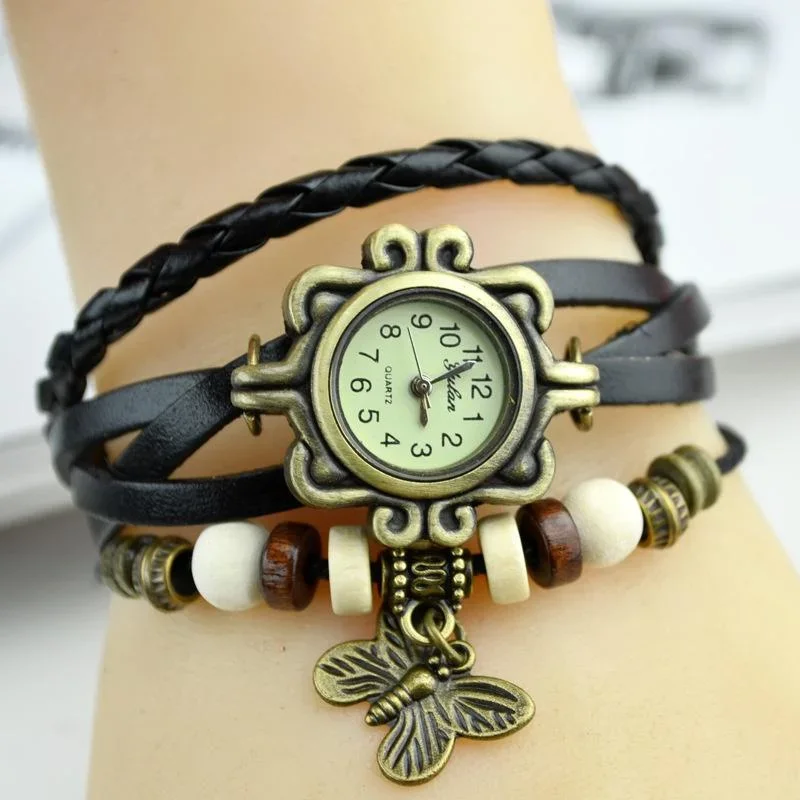 Multicolor High Quality Women Leather Vintage Quartz Dress Watch Bracelet Wristwatches Butterfly Gift Reloj De Mujer