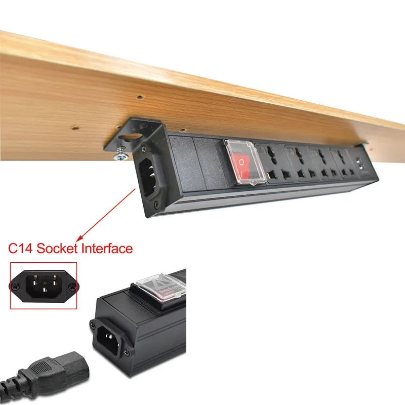 PDU power board aluminum alloy shell can fix desktop 10A universal socket 1-9AC, with double break switch 2USB charging