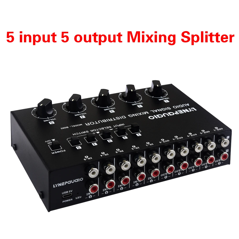 

2025 new 5-in 5-out audio signal selection mixing splitter input and output independent volume adjustment RCA interface