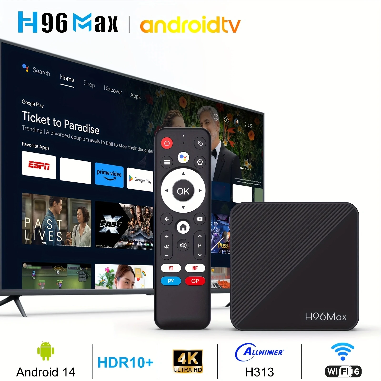 H96 MAX H313 caja de tv inteligente android 14,0 Wifi6 BT5.0 4K @ 60fps 100M/LAN asistente de hogar inteligente caja de tv reproductor de medios de voz de Google