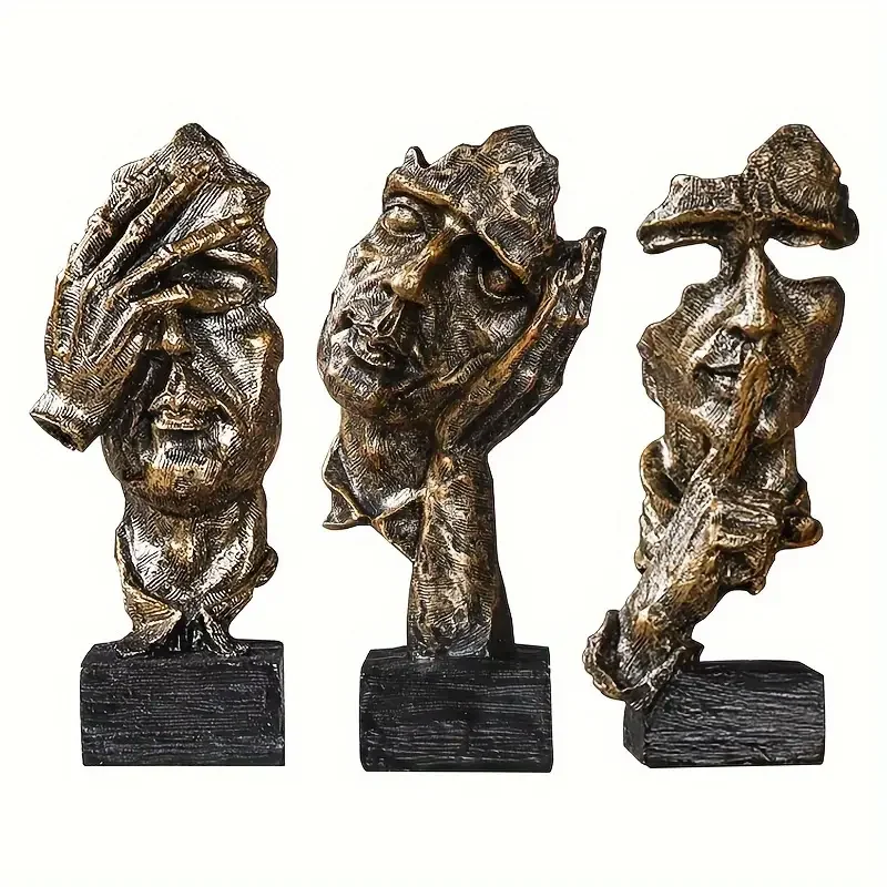 Thinker Statue, Silence Is Gold Abstract Art Statue, Can't Hear, Can't See, Can't Talk, Modern Resin Home Sculpture