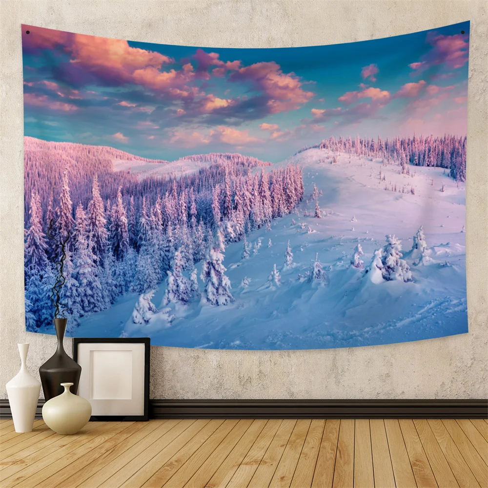 Snow Mountain Forest Sunset Scenery Tapestry Beautiful Nature Wall Hanging Blanket Bedspread Mat Home Room Decor