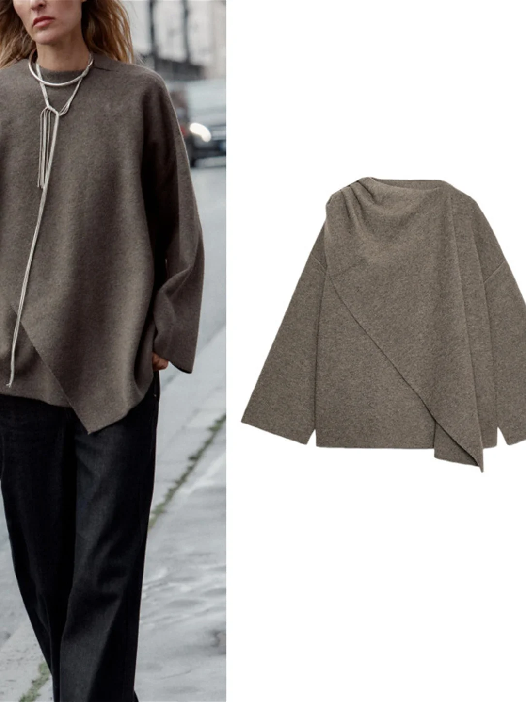 

Faionable Knitted Sweater with Scarf Ne Design ort Sle New Arrival Women's Coat oulder awl Outerwear Soft Loose Fit