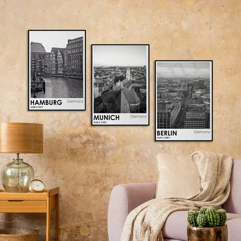 Berlin Munich and Hamburg Germany city travel photo black and white art poster decoration canvas print picture