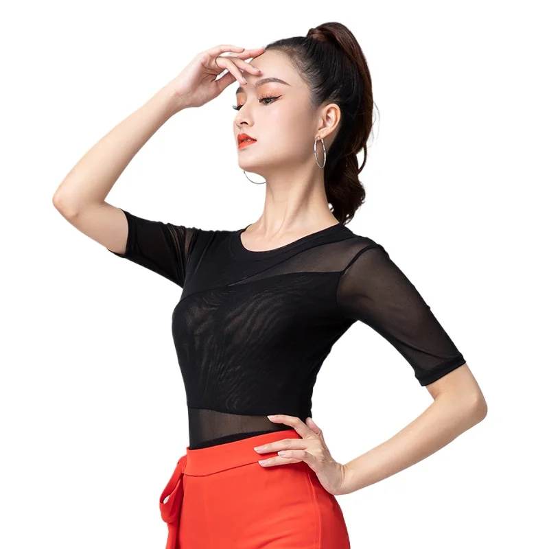 

Одежда для латинских танцев, топы, новая танцевальная одежда для взрослых, сетчатая пряжа, национальная стандартная тренировочная одежда для тела, средние рукава