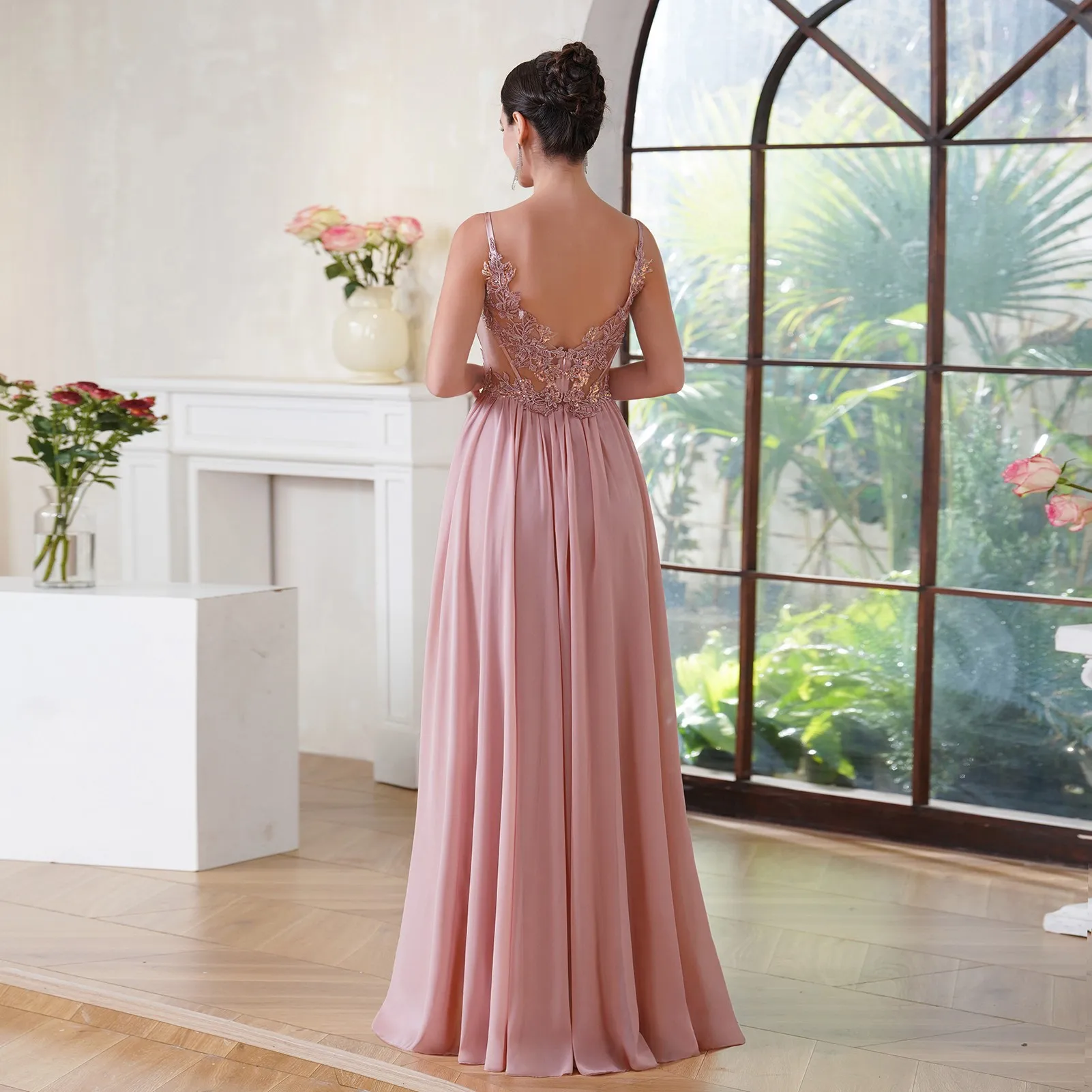 MisShow Exquisite Sequins 3D Floral Lace Evening Dresses Long Sexy Illusion Waist V Back Chiffon Evening Gowns Pink Prom Dress